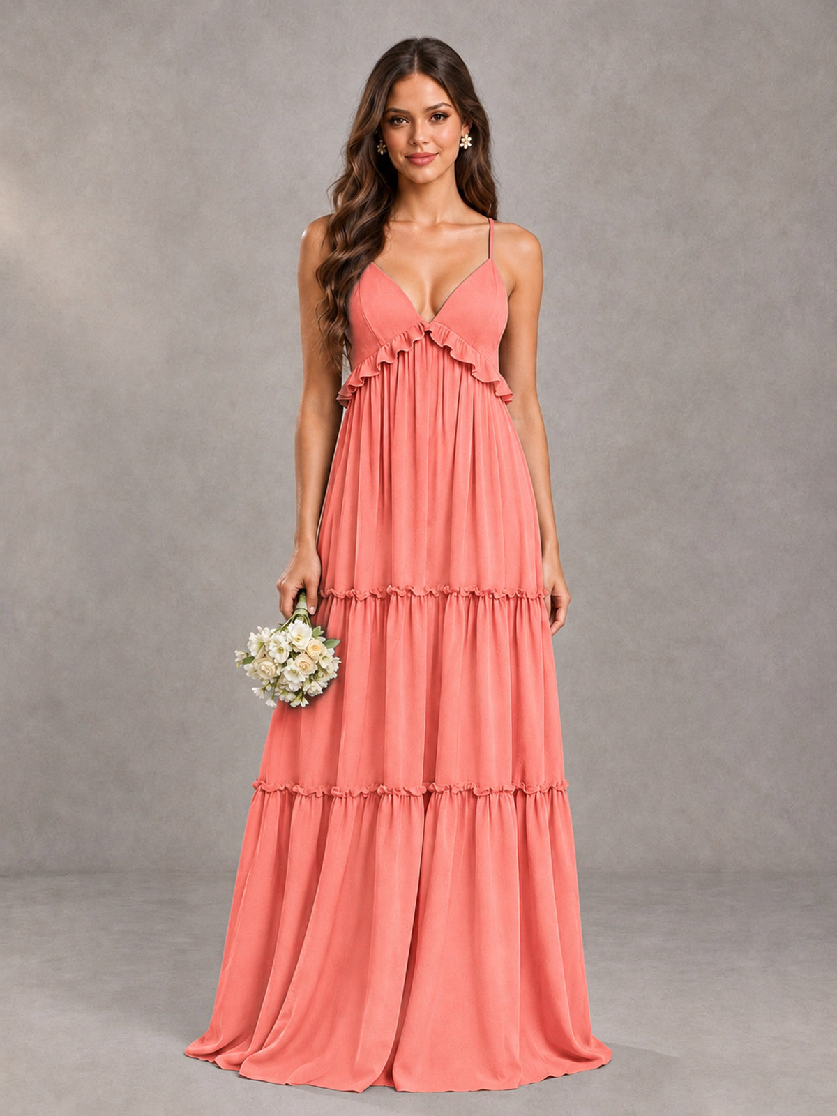 BOLODOO Coral Tiered V-Neck Lace-Up Back Bridesmaid Dress - Coral - Coral (1)