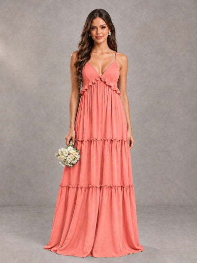BOLODOO Coral Tiered V-Neck Lace-Up Back Bridesmaid Dress - Coral - Coral (1)
