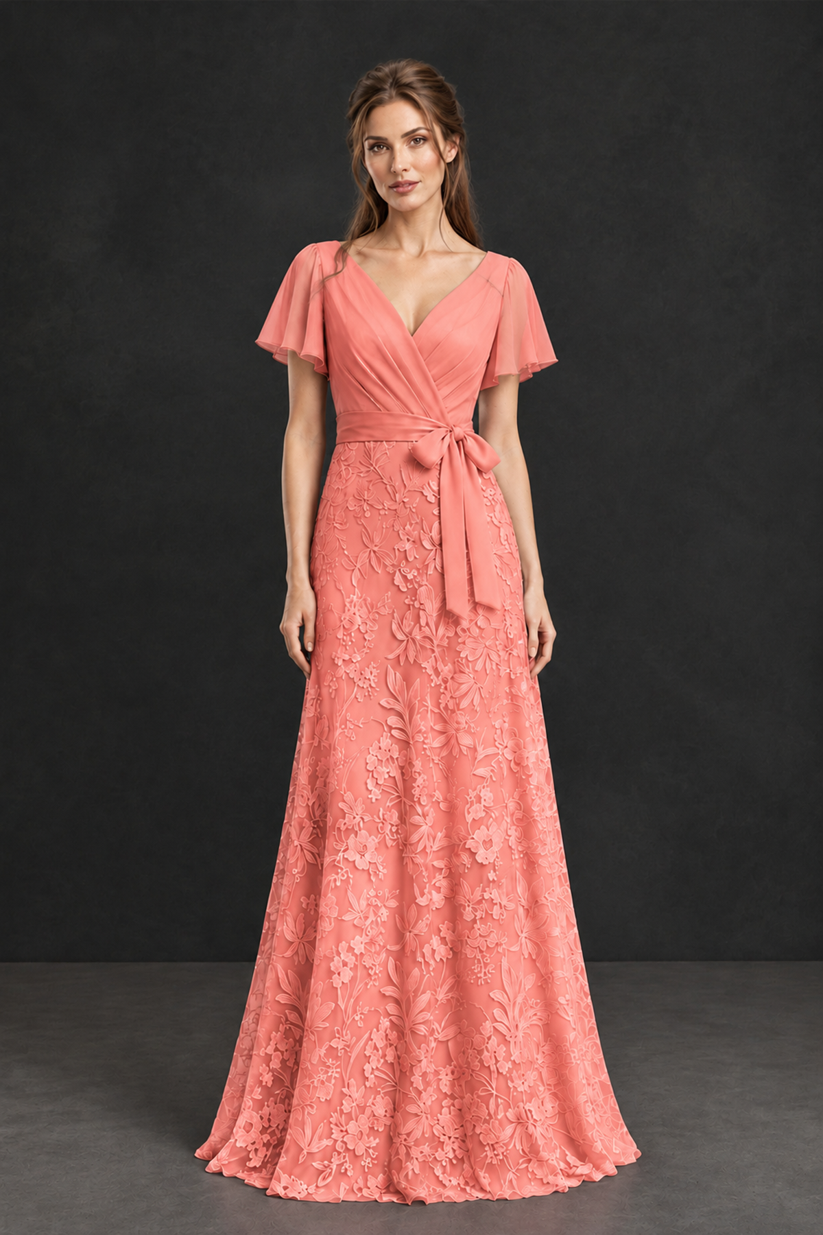 BOLODOO Coral Flutter Sleeve Lace Mother of the Bride Dress - Coral