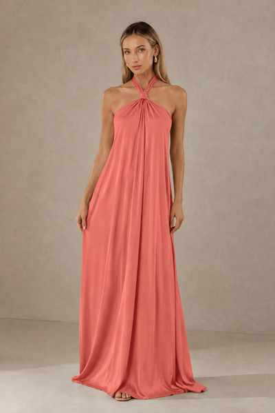 BOLODOO Coral Backless Halter Satin Bridesmaid Dress - Coral