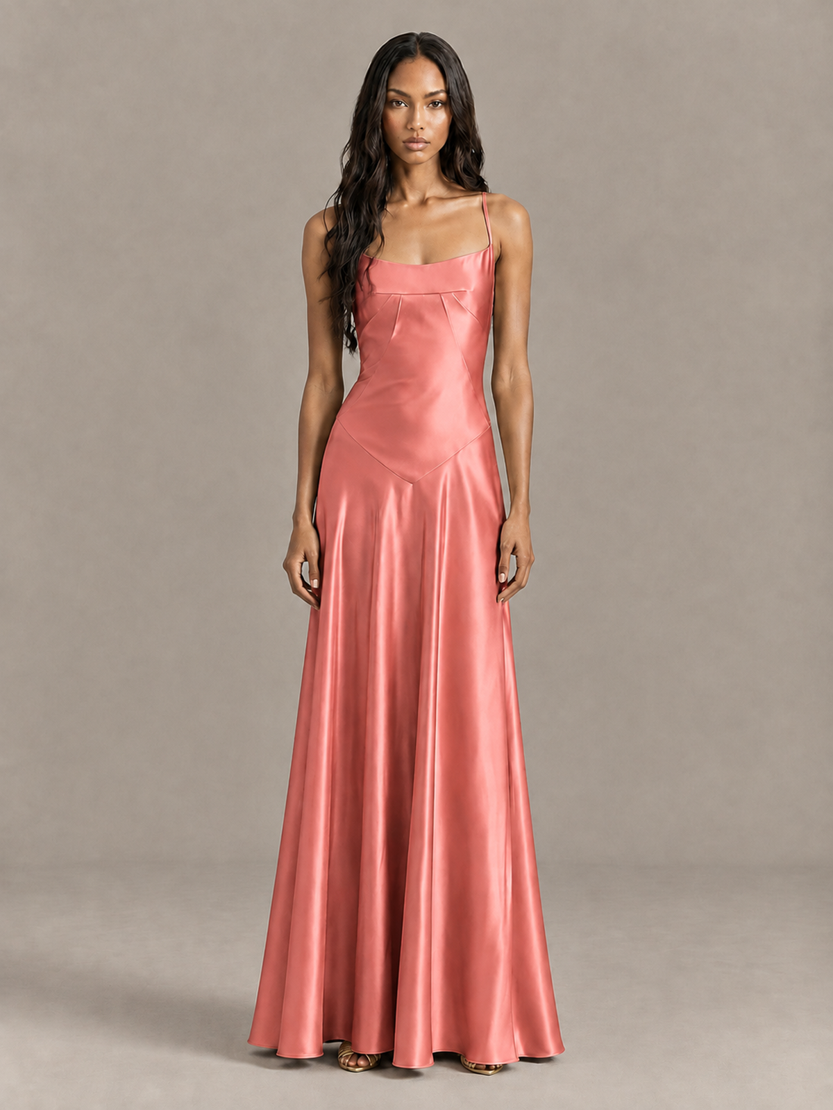 BOLODOO Coral Satin Lace-Up Back Maxi Dress - Coral