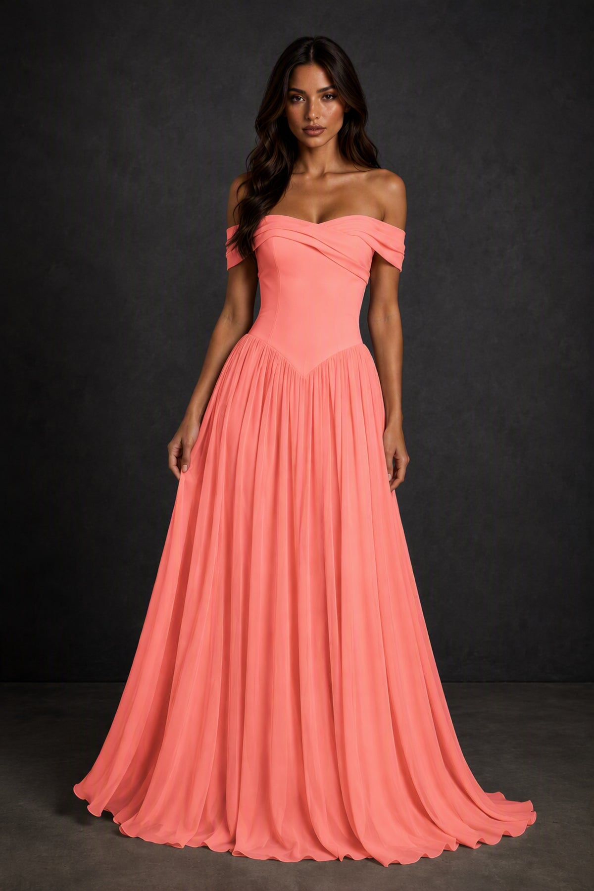 BOLODOO Coral Off-Shoulder Sweetheart Corset Pleated Chiffon Maxi Dress - Coral