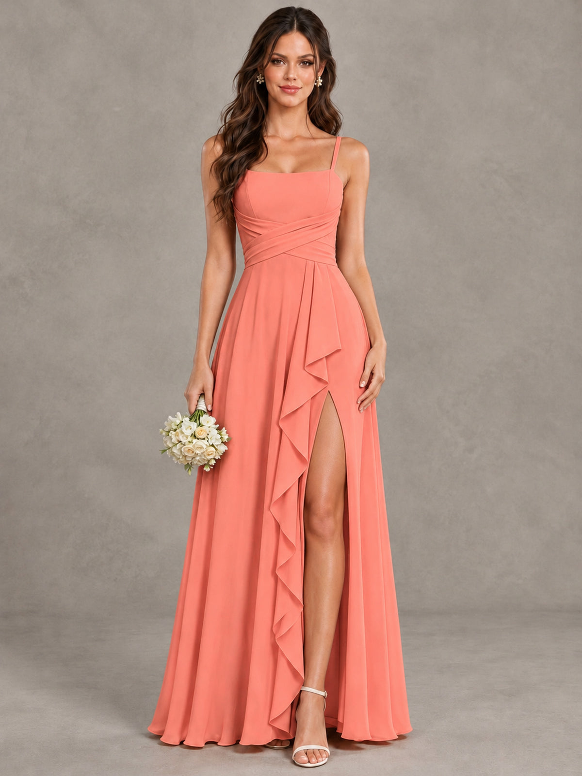 BOLODOO Coral Spaghetti Strap Ruffle Bridesmaid Dress with Slit - Coral - Coral (1)