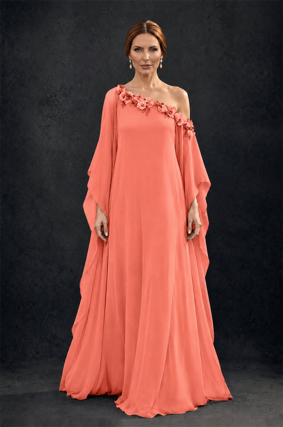 BOLODOO Coral 2-Piece Set: Off-Shoulder 3D Floral Cape Gown & One-Shoulder Wide-Leg Jumpsuit | BD0373 - Coral
