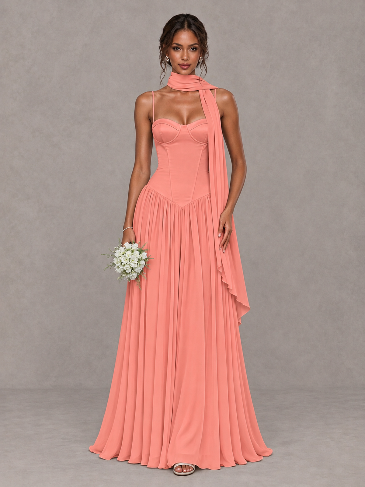 BOLODOO Coral Corset Bridesmaid Dress with Scarf - Coral - Coral (1)