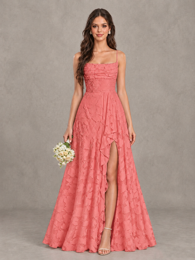 BOLODOO Coral Floral Appliqué Slit Maxi Dress - Coral - Coral (1)