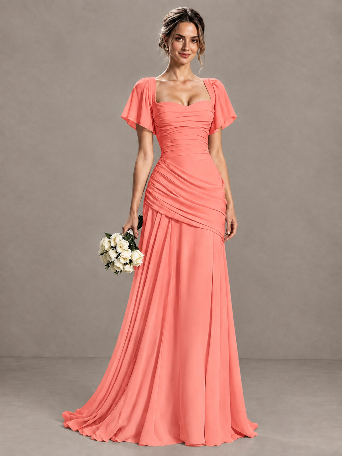 BOLODOO Coral Flutter Sleeve Lace-Up Back Maxi Dress - Coral
