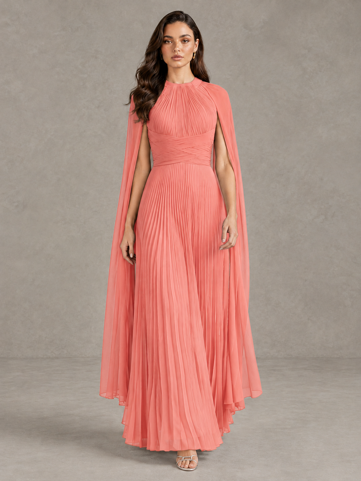 BOLODOO Coral Pleated Cape Maxi Wedding Guest Dress - Coral - Coral (1)
