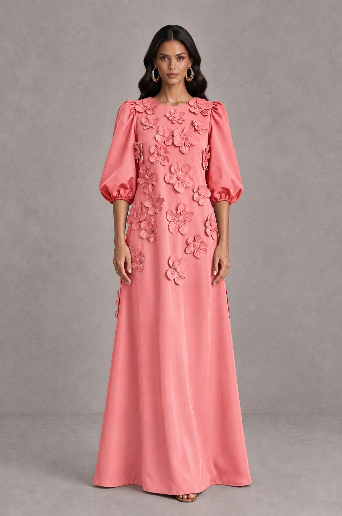BOLODOO Coral Floral Applique Puff Sleeve A-Line Evening Dress - Coral - Coral (1)