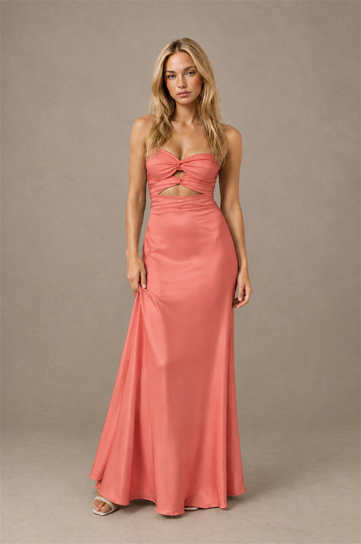 BOLODOO Coral Sweetheart Strapless Twist Knot Cutout Lace-Up Back Satin Mermaid Maxi Dress - Coral - Coral (1)