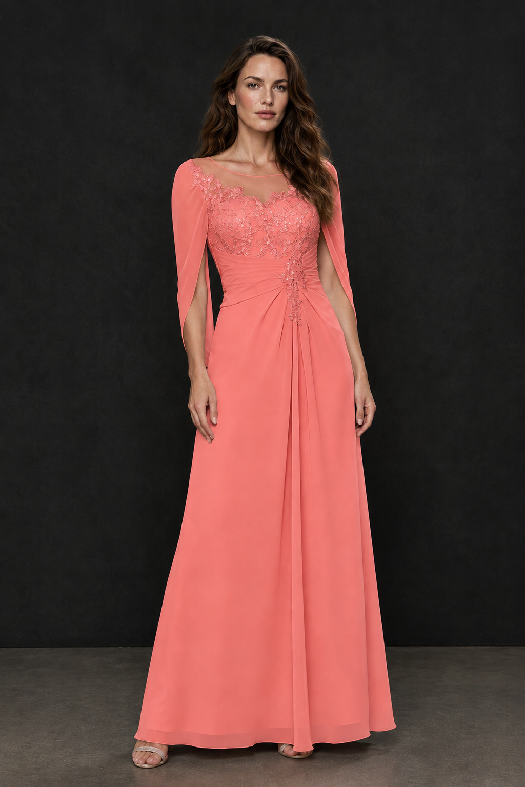 BOLODOO Coral Illusion Lace One-Side Cape Sleeve Beaded Chiffon Floor Length Gown | Mother of the Bride Evening Dress - Coral