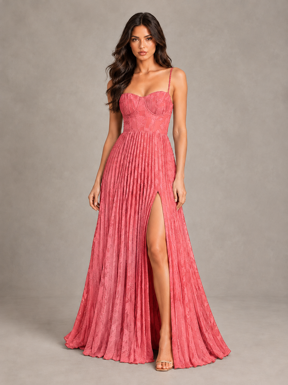 BOLODOO Coral Pleated Bridesmaid Dress with Sweetheart Neckline & Slit - Coral - Coral (1)