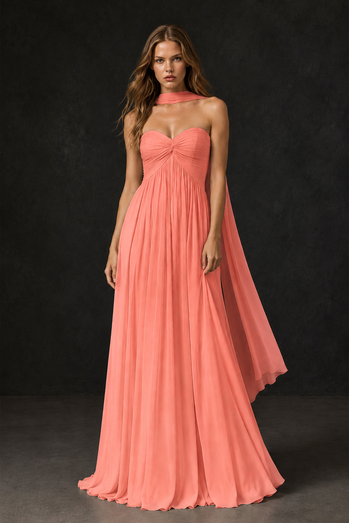 BOLODOO Coral Sweetheart Strapless Twist Knot Detached Halter Scarf Lace-Up Back Empire Waist Chiffon Maxi Dress - Coral