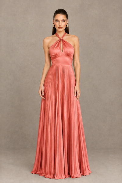 BOLODOO Coral Halter Pleated A-Line Evening Dress - Coral