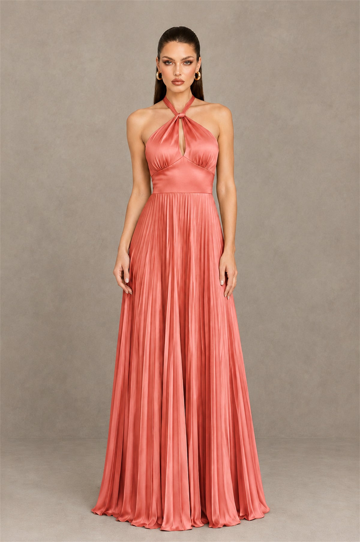 BOLODOO Coral Halter Pleated A-Line Evening Dress - Coral