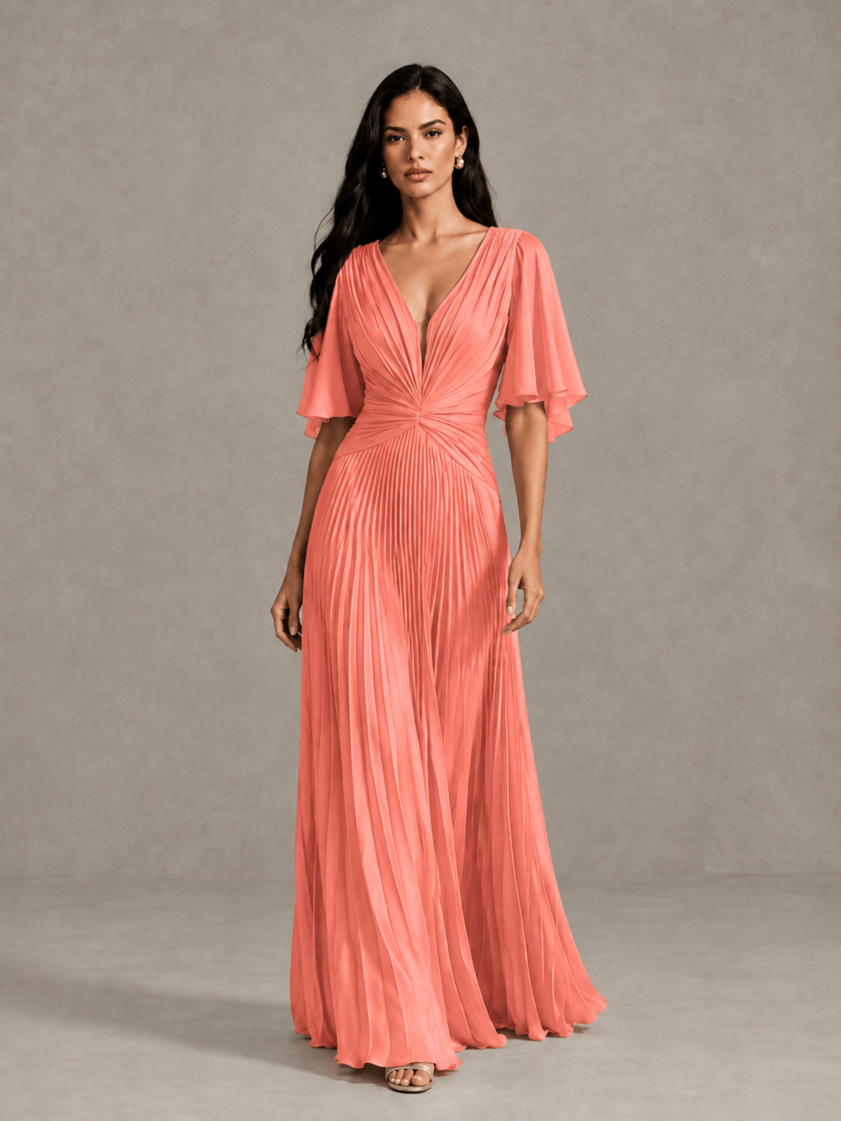 BOLODOO Coral Pleated V-Neck Flutter Sleeve Bridesmaid Dress - Coral - Coral (1)