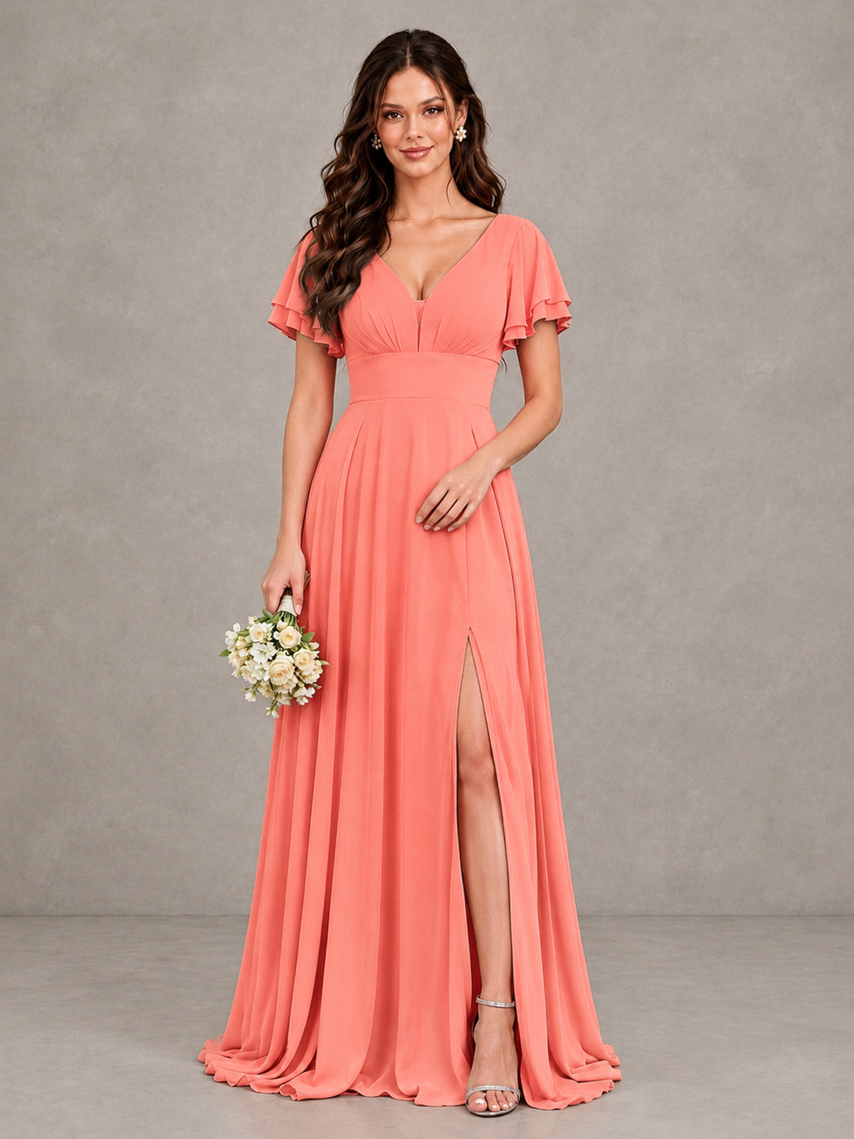 BOLODOO Coral Flutter Sleeve Chiffon A-Line Maxi Bridesmaid Dress with Open Back & Slit - Coral - Coral (1)