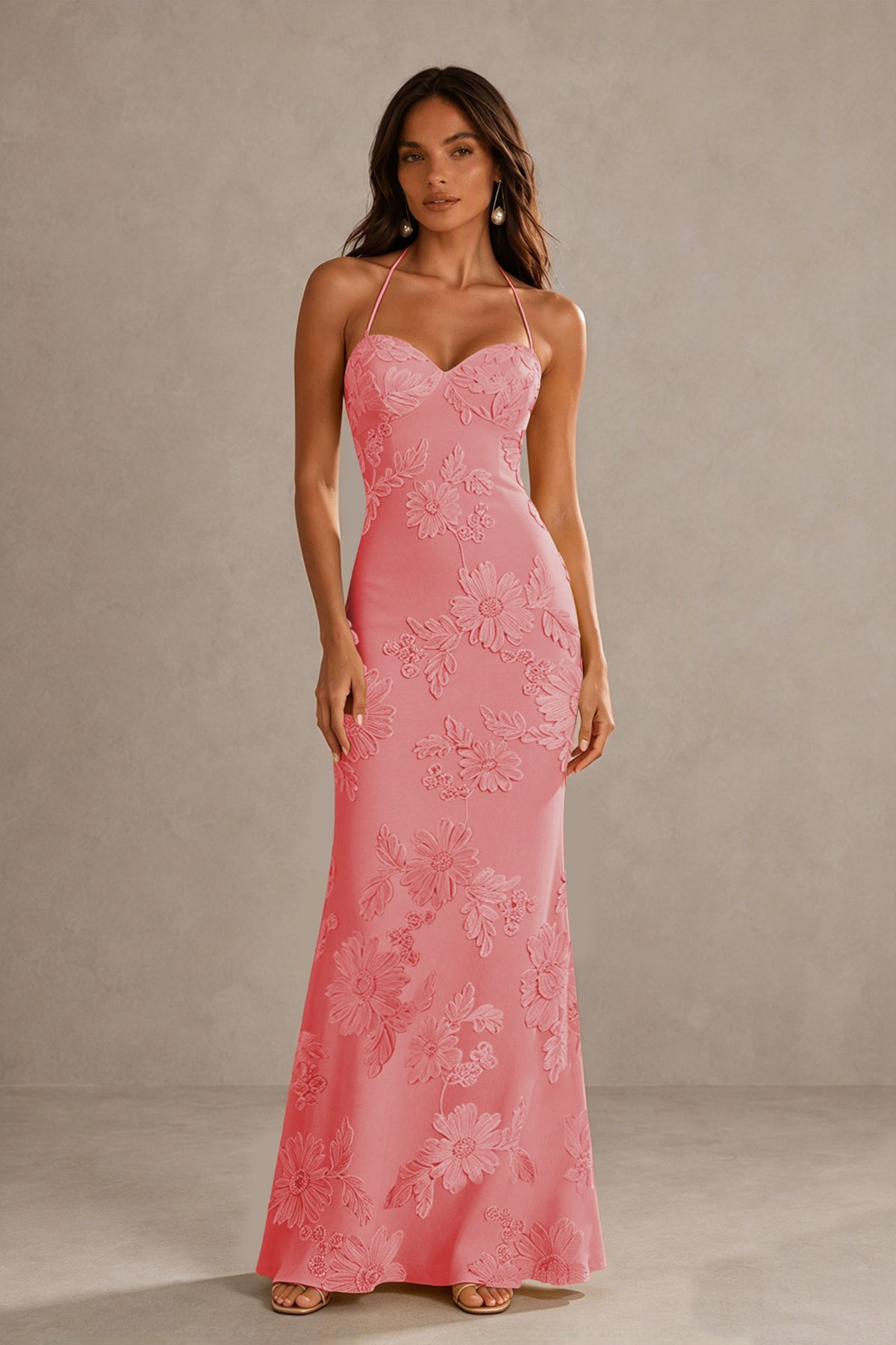 BOLODOO Coral Halter Sweetheart Floral Embroidered Lace-Up Open Back Maxi Dress | BD0257 - Coral