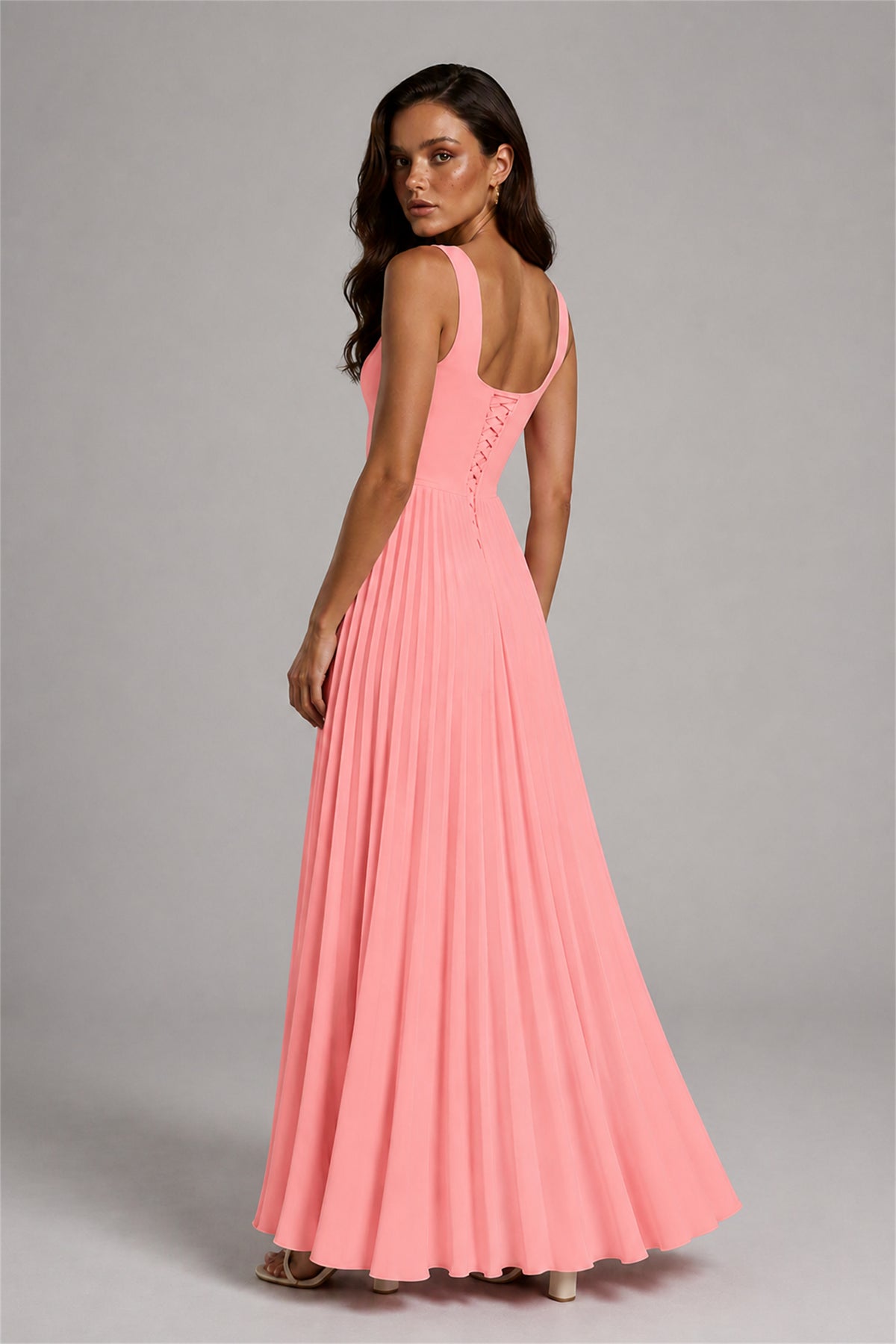 BOLODOO Coral Square Neck Wide Strap Lace-Up Back Pleated A-Line Chiffon Maxi Dress - Coral