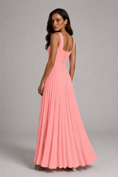 BOLODOO Coral Square Neck Wide Strap Lace-Up Back Pleated A-Line Chiffon Maxi Dress - Coral