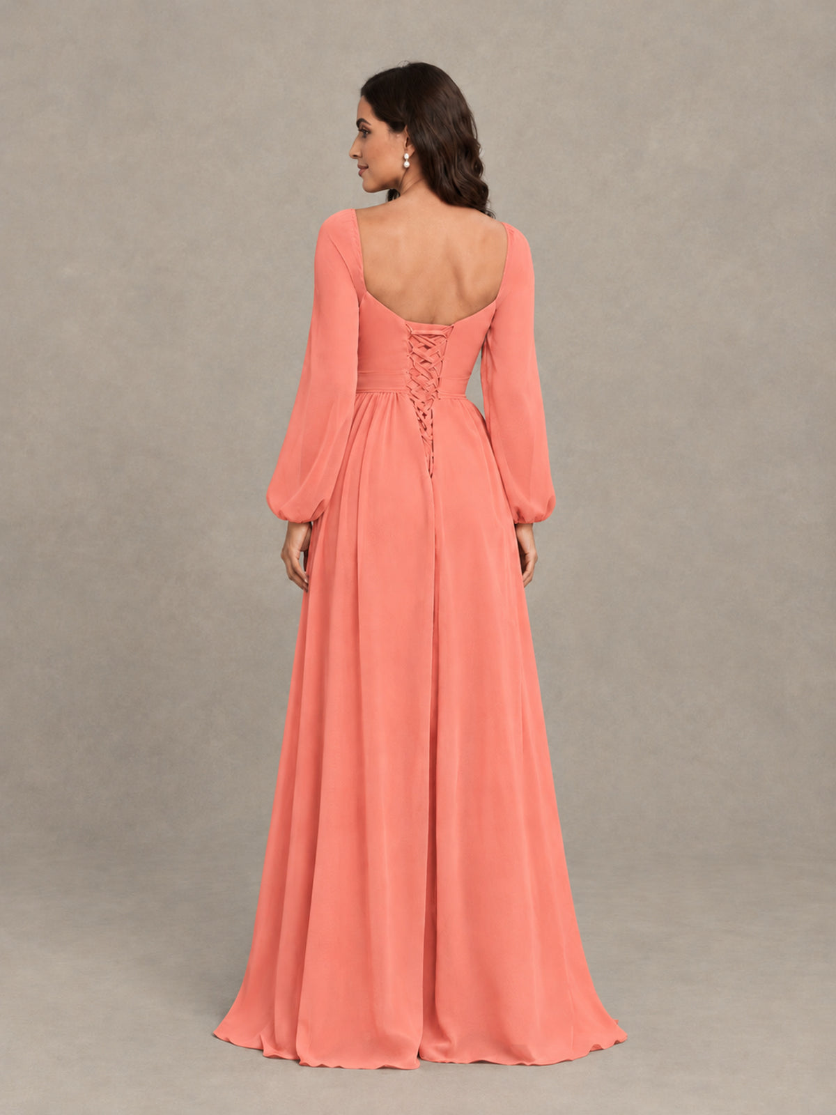 BOLODOO Coral Long Sleeve Chiffon Bridesmaid Dress with Slit - Coral - Coral (2)