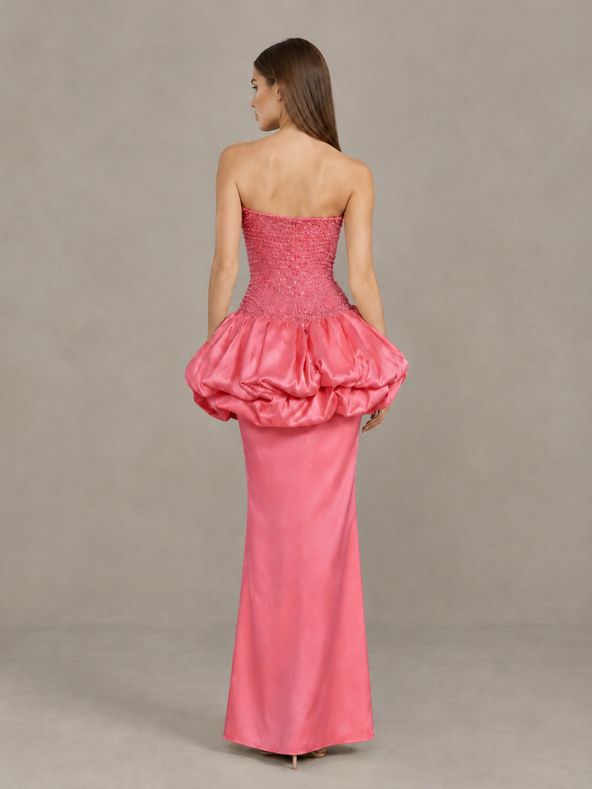 BOLODOO Coral Strapless Embellished Bubble Peplum Evening Dress - Coral - Coral (2)