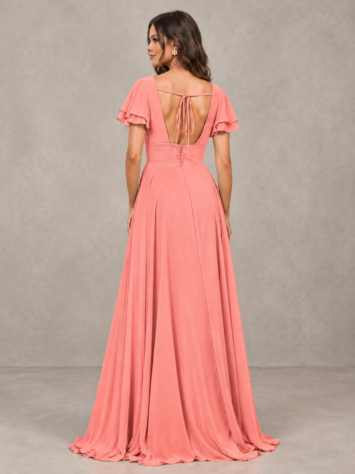 BOLODOO Coral Flutter Sleeve Chiffon A-Line Maxi Bridesmaid Dress with Open Back & Slit - Coral - Coral (2)