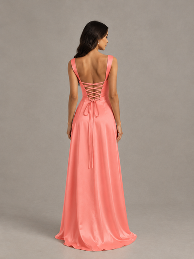 BOLODOO Coral Satin Lace-Up Bridesmaid Dress with Slit - Coral - Coral (2)