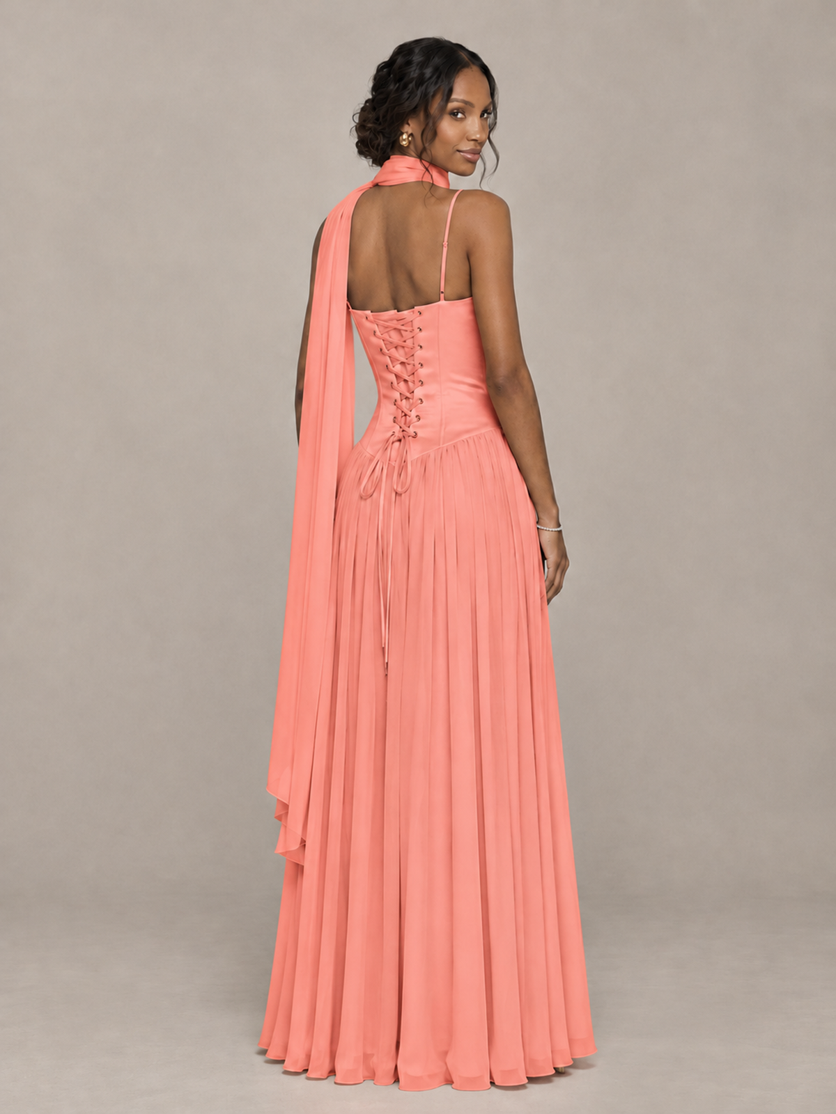 BOLODOO Coral Corset Bridesmaid Dress with Scarf - Coral - Coral (2)