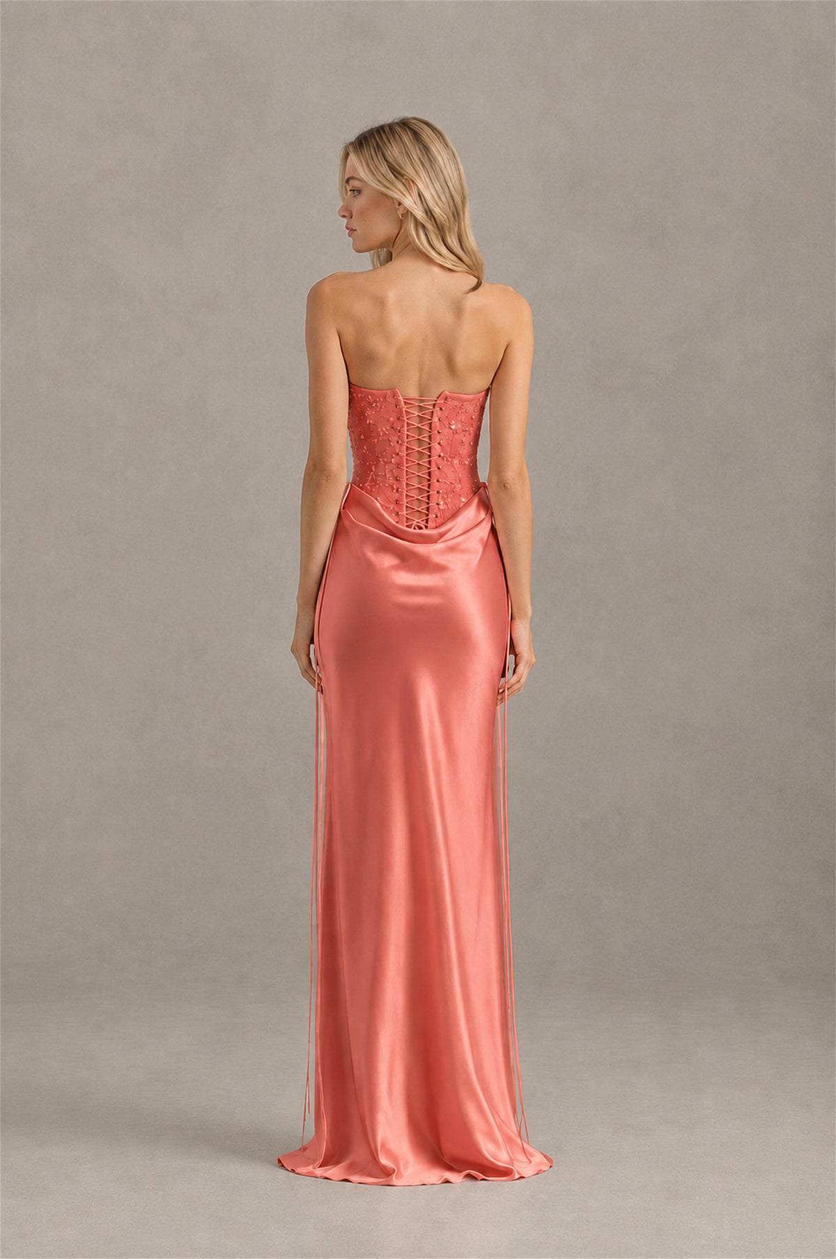 BOLODOO Coral Strapless Embellished Corset Satin-Look Maxi Dress - Coral