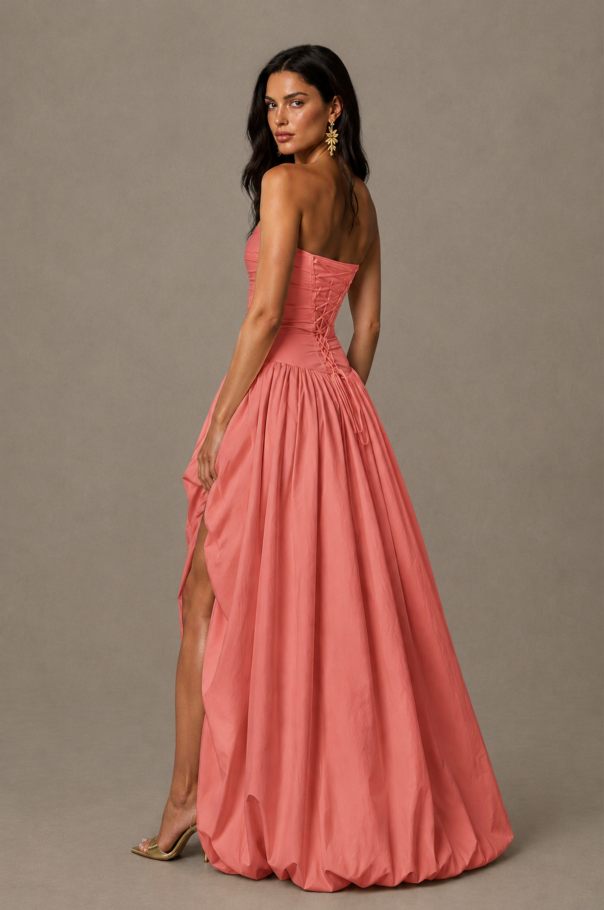 BOLODOO Coral Strapless Ruched Corset Lace-Up Back Bubble Skirt High Slit Taffeta Maxi Dress - Coral
