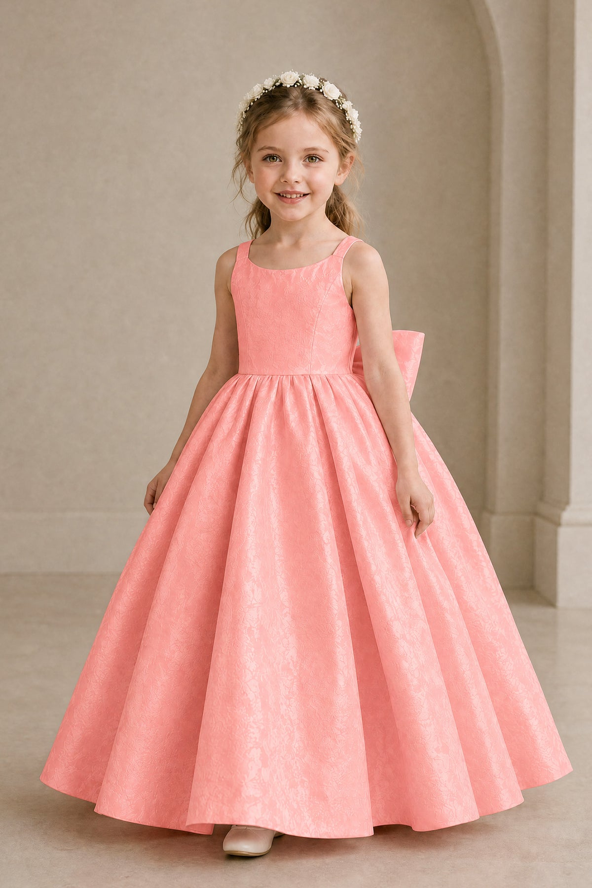 BOLODOO Coral Girls' A-Line Flower Girl Dress with Back Bow - Coral