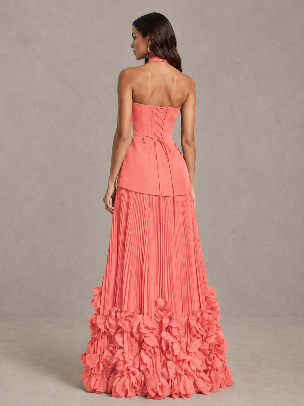 BOLODOO Coral Halter Neck Floor-Length Evening Gown with High Slit & 3D Floral Hem - Coral - Coral (2)