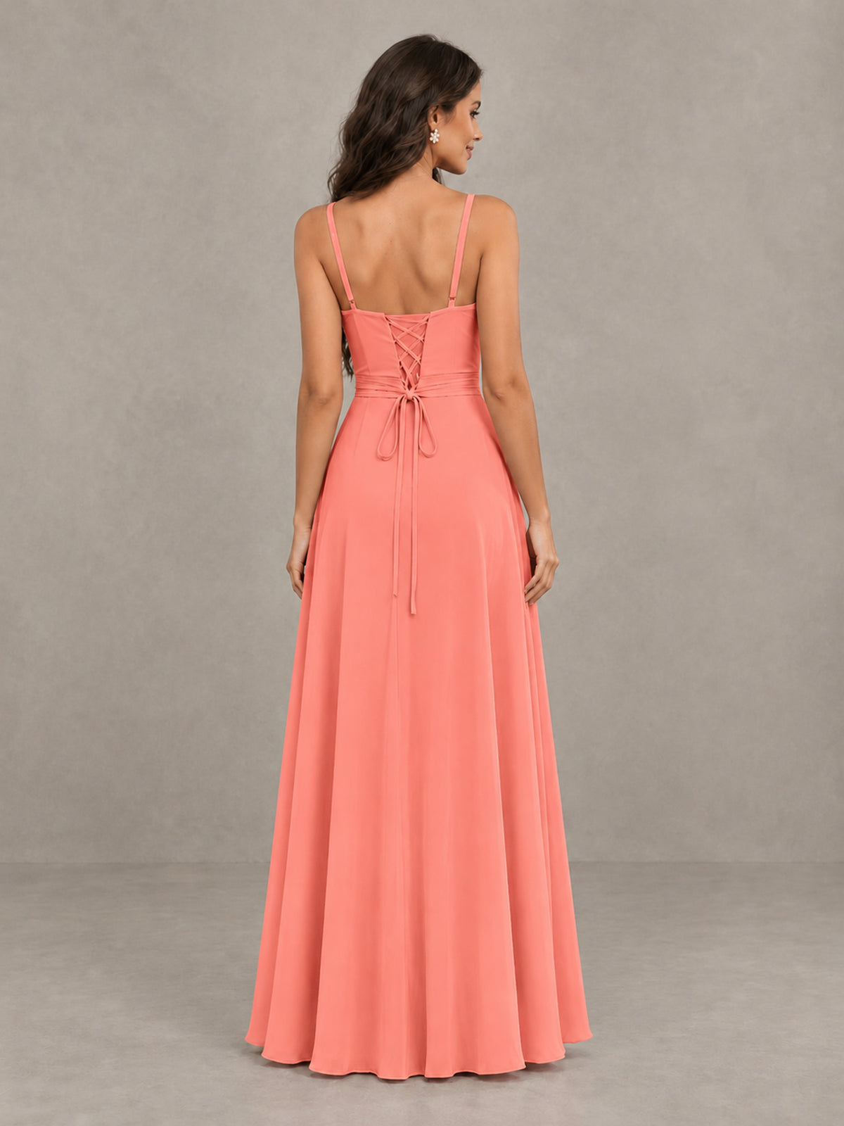 BOLODOO Coral Spaghetti Strap Ruffle Bridesmaid Dress with Slit - Coral - Coral (2)