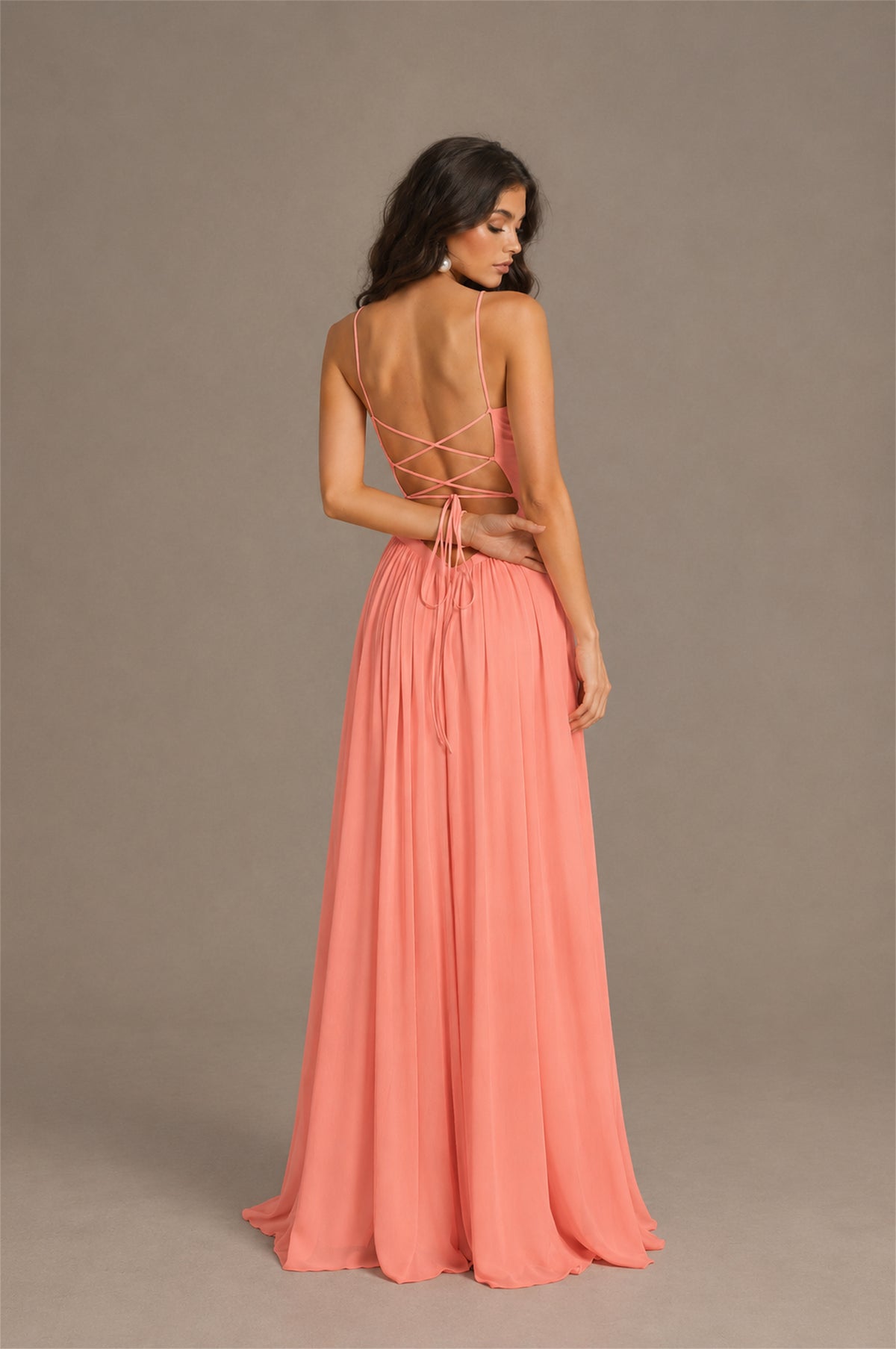 BOLODOO Coral Spaghetti Strap Square Neck Ruched Chiffon Maxi Dress with Lace-Up Back - Coral