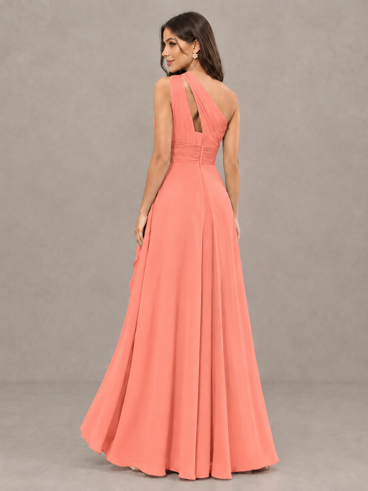 BOLODOO Coral One-Shoulder Ruffle Bridesmaid Dress with Slit - Coral - Coral (2)