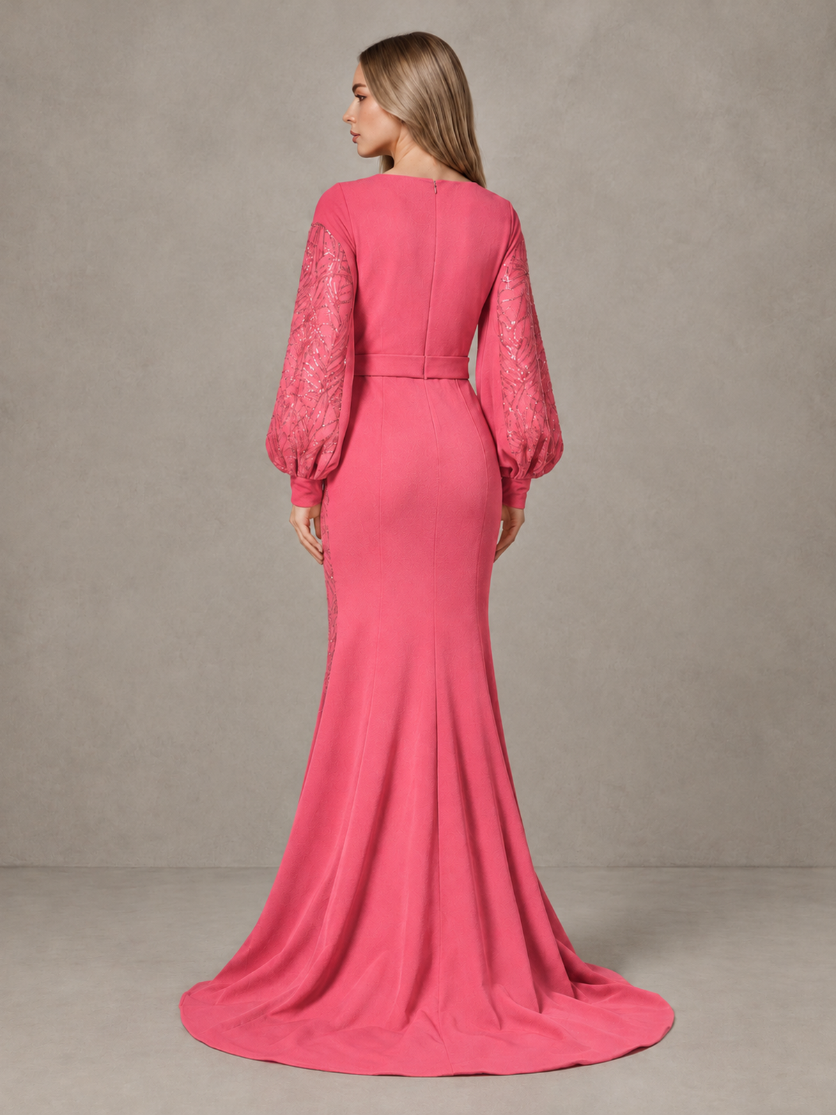 BOLODOO Coral Sequin Long Bishop Sleeve Mermaid Evening Dress - Coral - Coral (2)