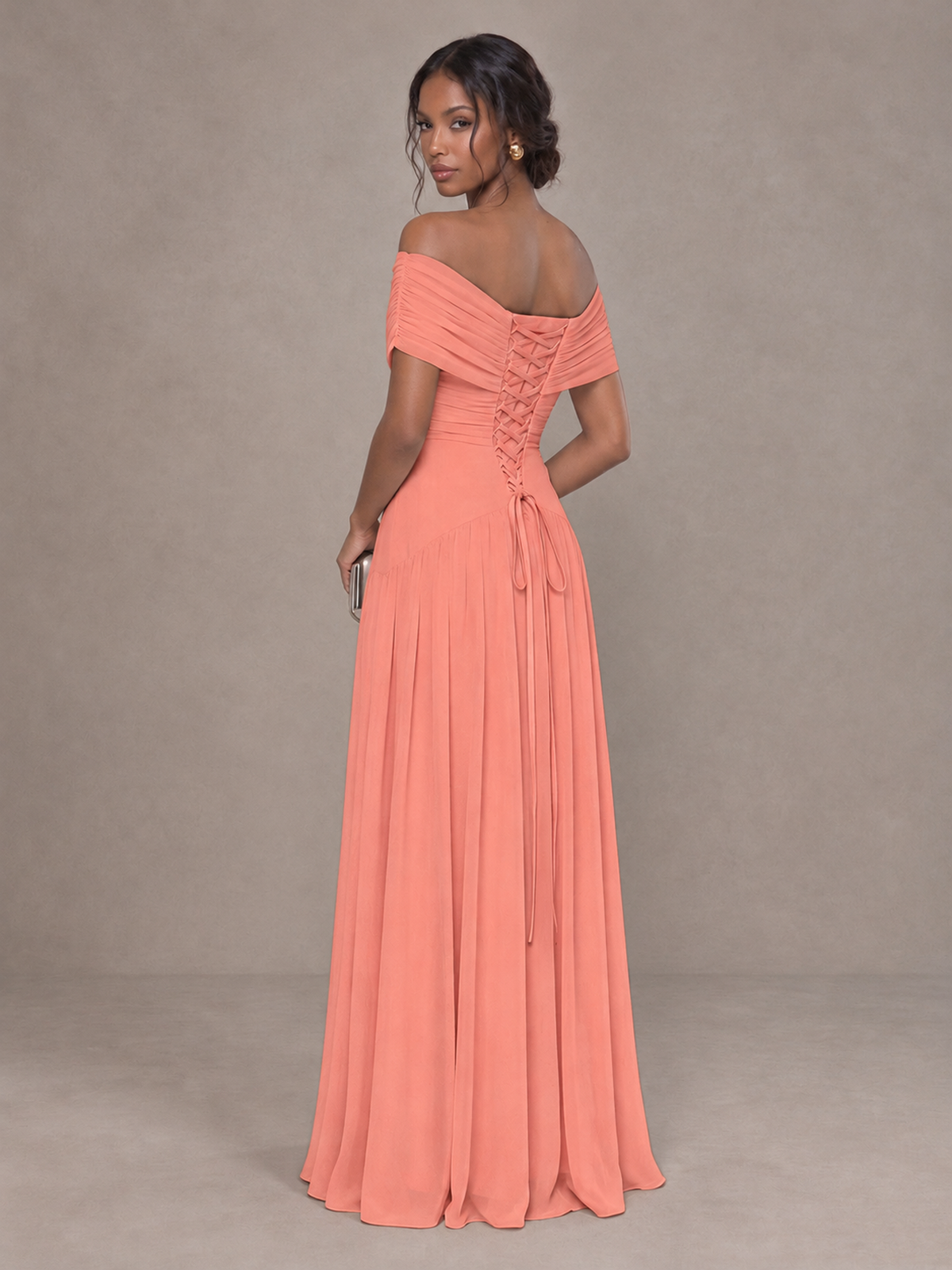 BOLODOO Coral Off-Shoulder Ruched A-Line Bridesmaid Dress - Coral - Coral (2)