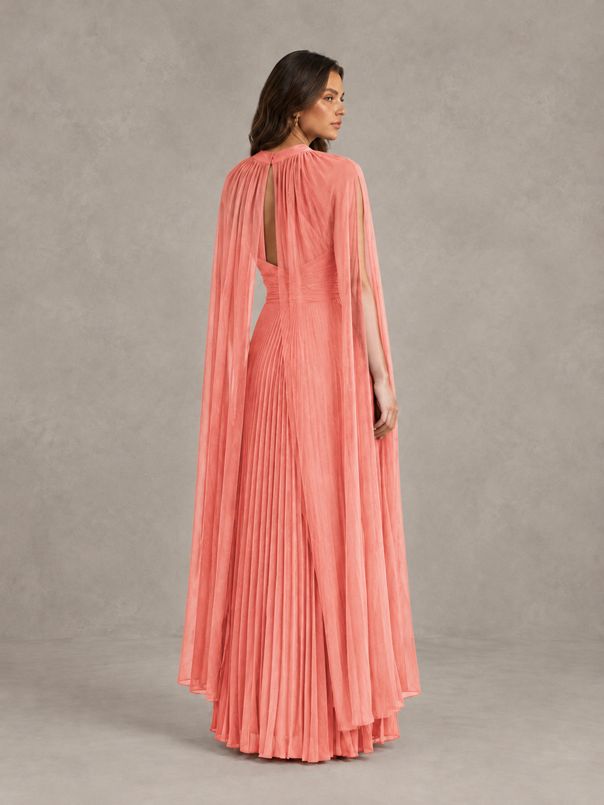 BOLODOO Coral Pleated Cape Maxi Wedding Guest Dress - Coral - Coral (2)