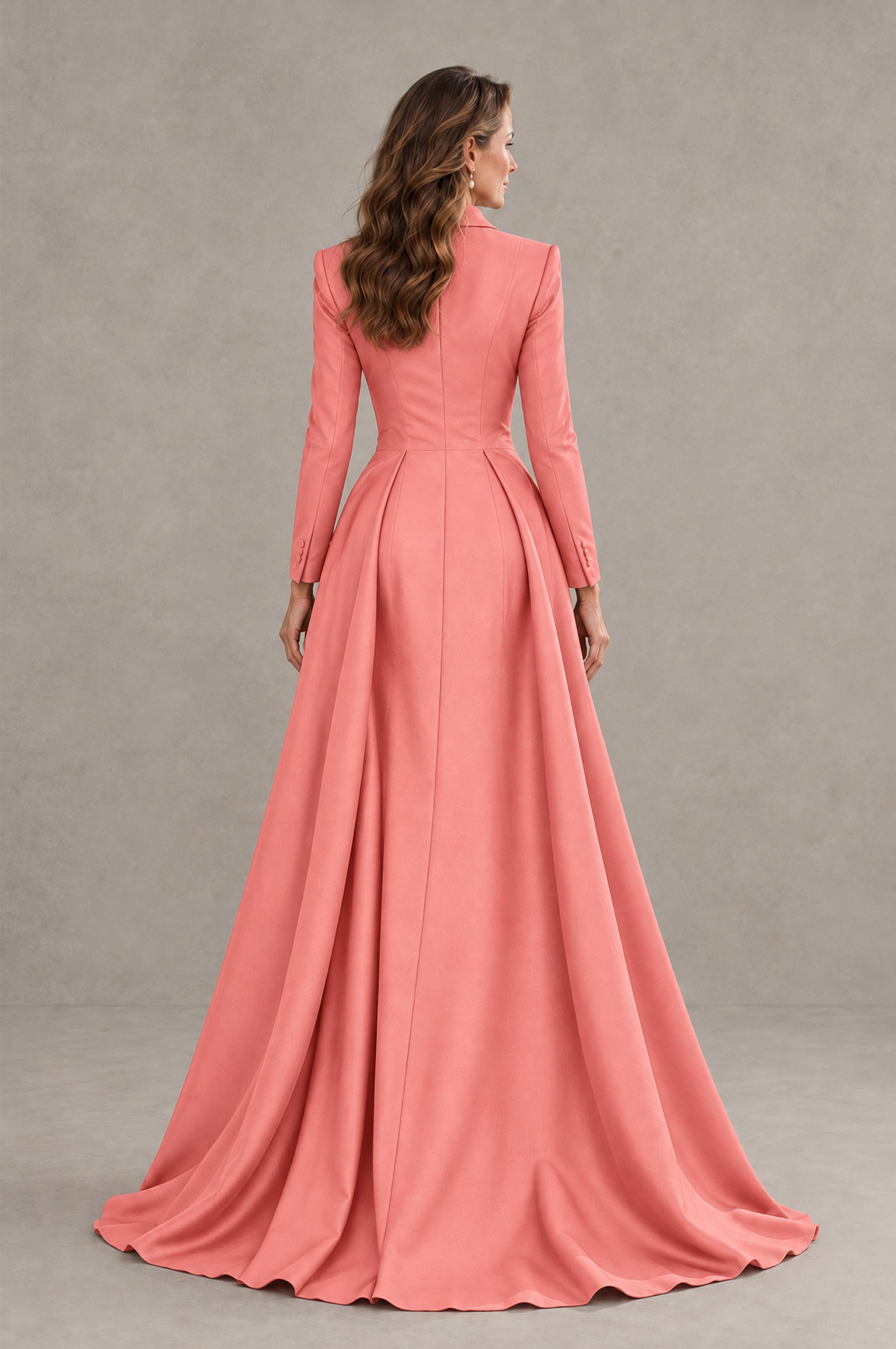BOLODOO Coral Long Sleeve Lace Blazer Gown with High Slit - Coral - Coral (2)