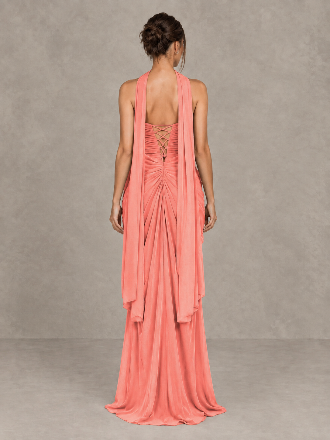 BOLODOO Coral Strapless Ruched Maxi Dress with Scarf and Slit - Coral