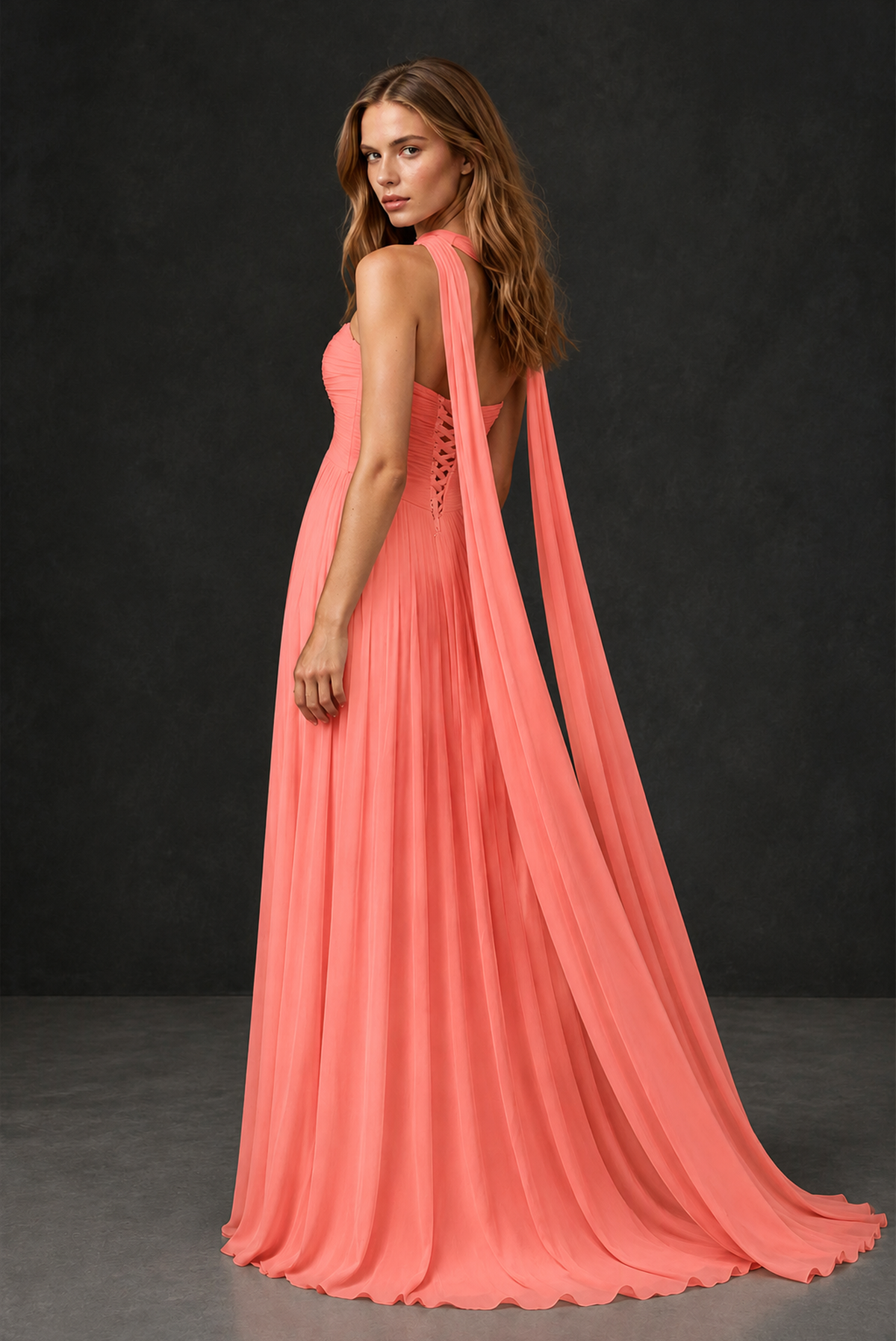 BOLODOO Coral Sweetheart Strapless Twist Knot Detached Halter Scarf Lace-Up Back Empire Waist Chiffon Maxi Dress - Coral