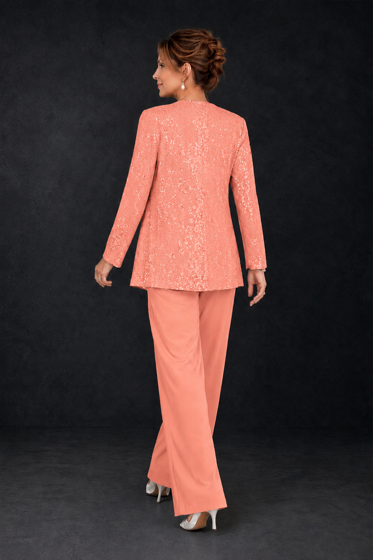 BOLODOO Coral Sequin Lace 3-Piece Pant Suit with Long Sleeve Jacket - Coral - Coral (2)
