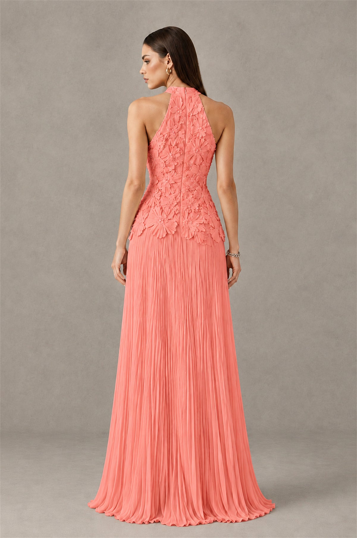 BOLODOO Coral 3D Floral Applique Halter Neck Open Back Pleated Maxi Dress - Coral