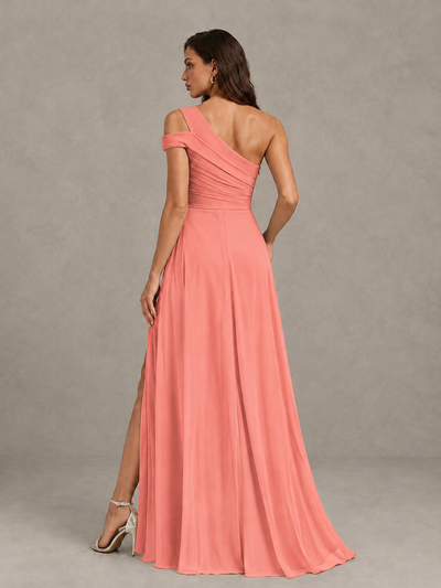 BOLODOO Coral One-Shoulder Bridesmaid Dress with Side Slit - Coral - Coral (2)
