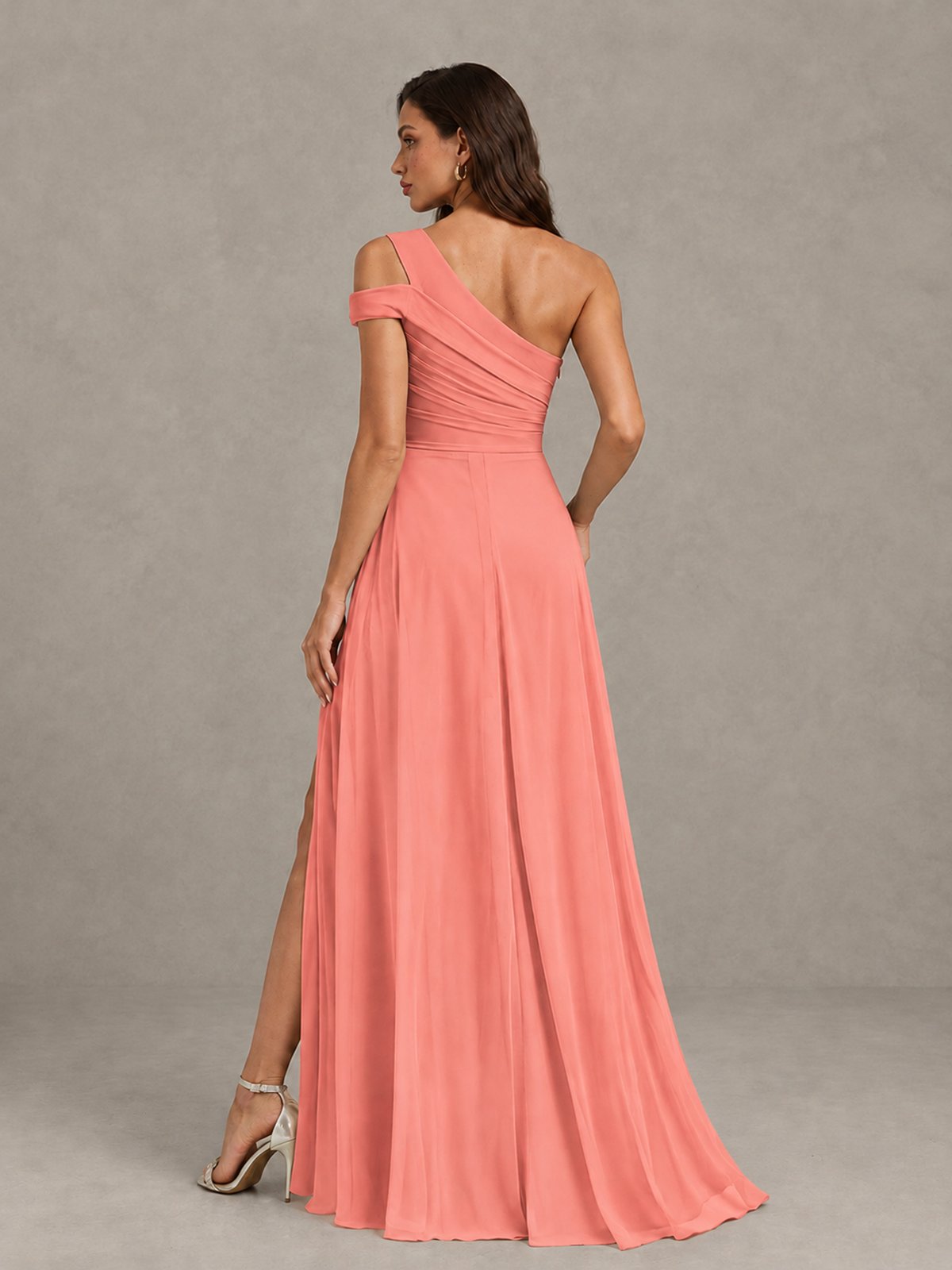 BOLODOO Coral One-Shoulder Bridesmaid Dress with Side Slit - Coral - Coral (2)