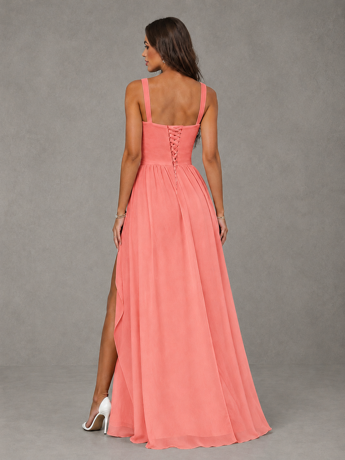 BOLODOO Coral A-Line Bridesmaid Dress with High Slit & Lace-Up Back - Coral - Coral (2)
