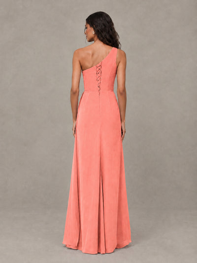 BOLODOO Coral One-Shoulder Chiffon Bridesmaid Dress with Ruched Bodice & High Slit - Coral - Coral (2)