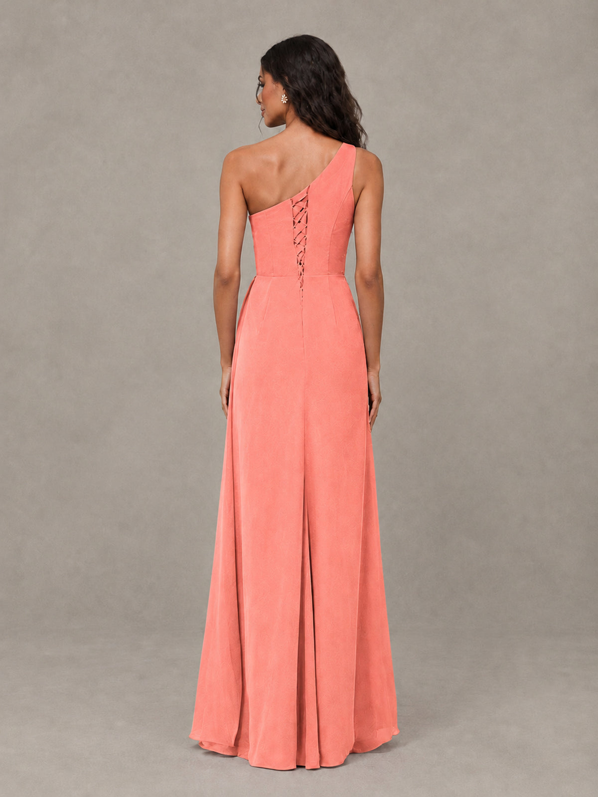 BOLODOO Coral One-Shoulder Chiffon Bridesmaid Dress with Ruched Bodice & High Slit - Coral - Coral (2)