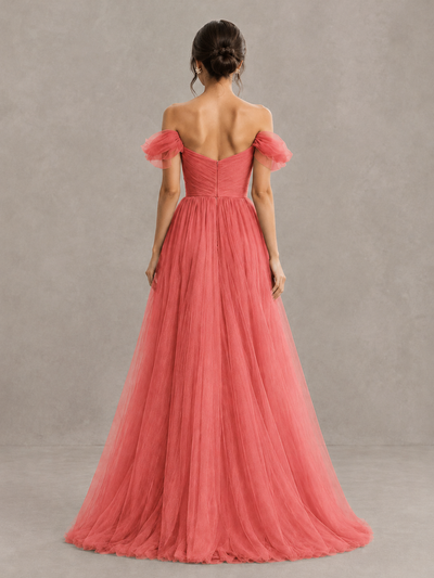 BOLODOO Coral Off-the-Shoulder Ruffle Sleeve A-Line Bridesmaid Dress - Coral - Coral (2)